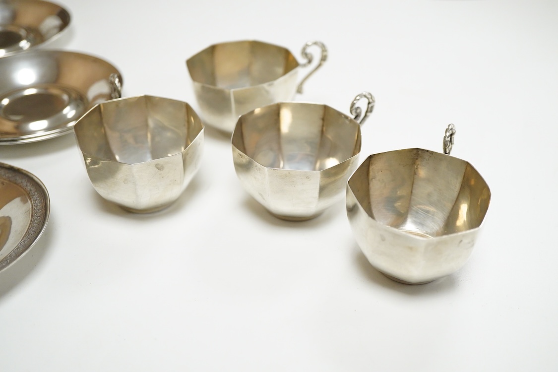 Four 20th century Turkish Sener 925 octagonal coffee cups and two saucers, together with four other Turkish 800 standard white metal small dishes and one other 800 dish, 13oz.